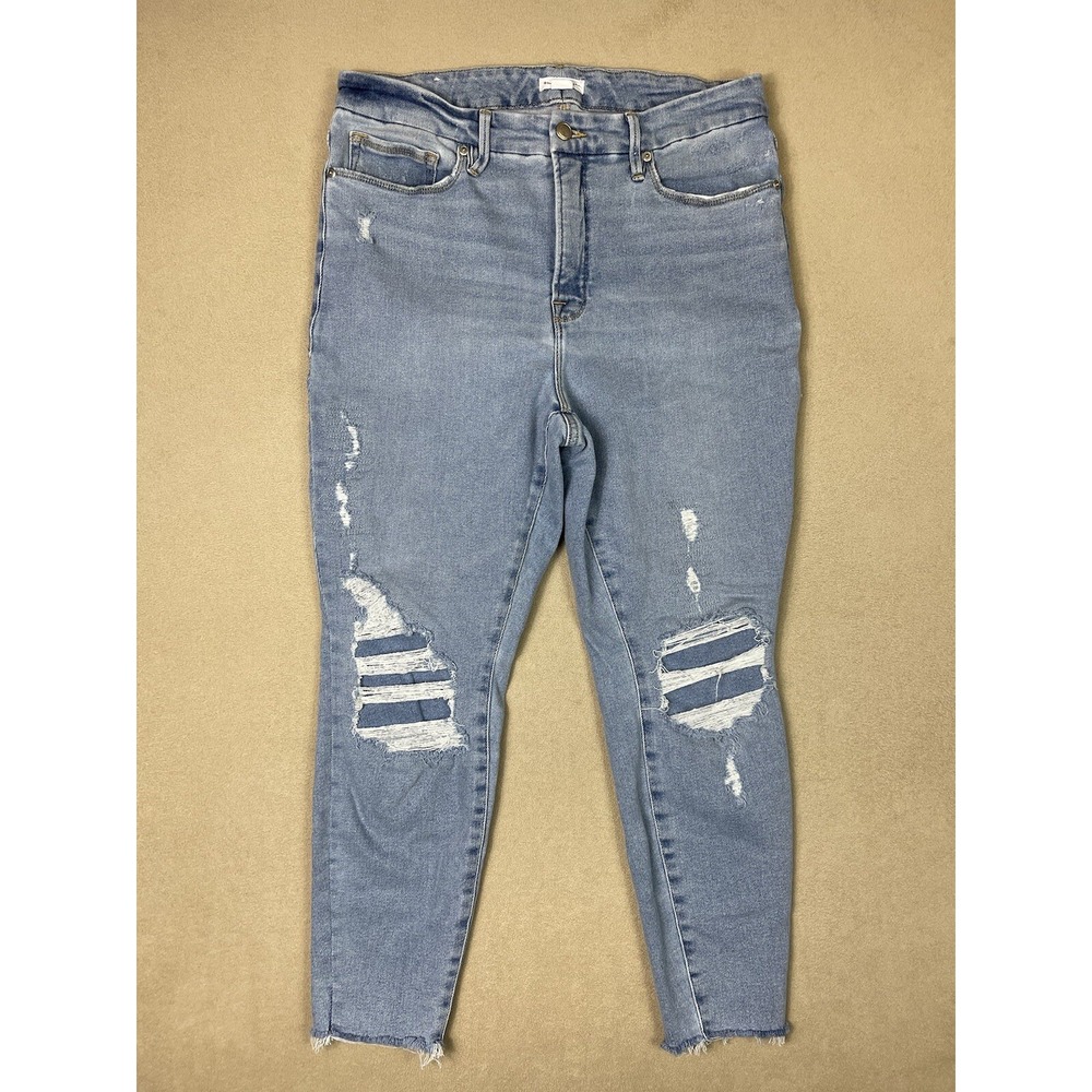 Good American Jeans Womens 15 Blue Distressed High Rise Skinny Raw Hem GLC852T